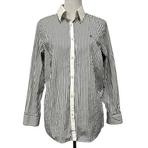 Lauren Ralph Lauren Women's Striped Top Button Up Black Embroidered Crest Sz M - Picture 2 of 11